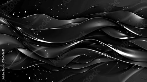 A black and white abstract background with waves of shiny silver, AI