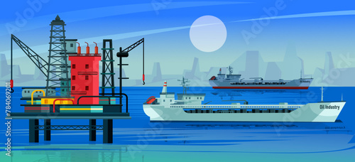 Oil production industry. Petroleum extraction, output, development. Huge deposits. Mining operation. Modern oil rig in the sea, tanker. Moon night in background. Realistic design. Vector illustration photo