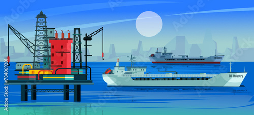 Oil production industry. Petroleum extraction, output, development. Huge deposits. Mining operation. Modern oil rig in the sea, tanker. Moon night in background. Realistic design. Vector illustration