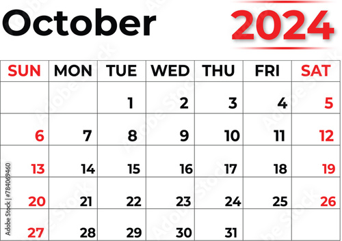 October 2024 monthly calendar design in clean look