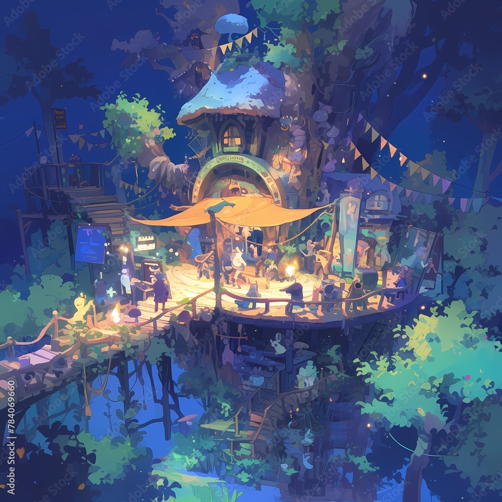 A Captivating Illustrated Nightclub perched atop a tree in a mystical forest, inviting nocturnal creatures to dance the night away under a starlit sky.