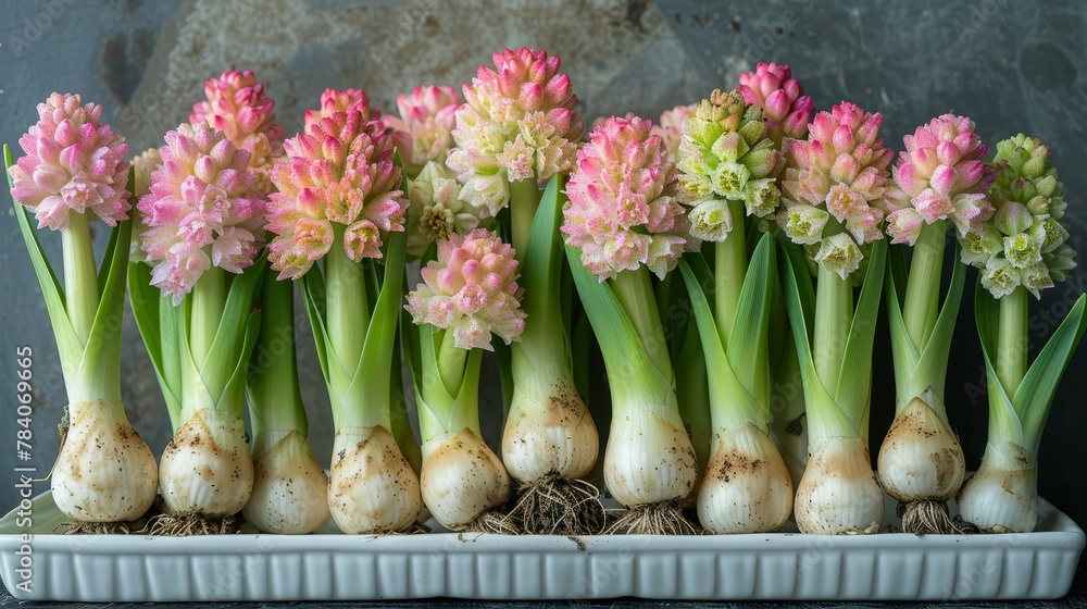   A tight shot of various blooms in a flower pot, garlic sprouts prominently displayed in the front