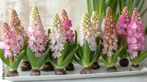   A white tray holds a row of pink and white blooms above a green leafy plant