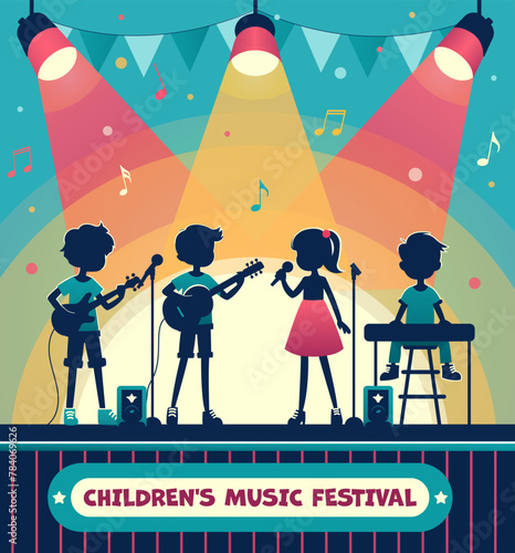 Animated children performing at a music festival, vibrant illustration on a festive background, displaying a musical concept. Vector illustration
