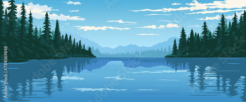 Vector illustration of a tranquil forest landscape with mountains, pine trees, and a reflective lake under a partly cloudy sky. Vector illustration