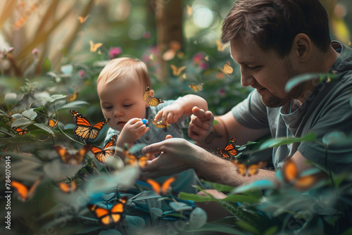 A father and baby reaching out to touch colorful butterflies in a garden