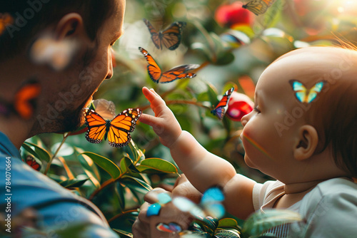 A father and baby reaching out to touch colorful butterflies in a garden
