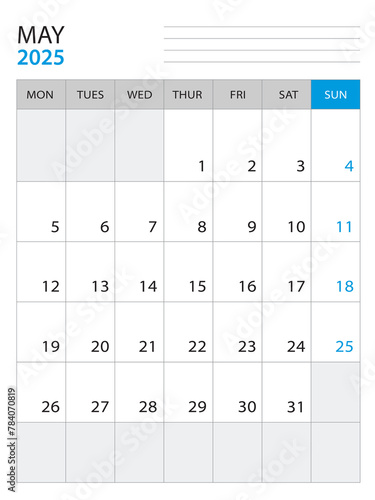 May 2025 - Calendar 2025 template vector illustration, week start on monday, Wall calendar 2025 design, Desk calendar template, corporate planner template, Stationery, organizer diary, vector