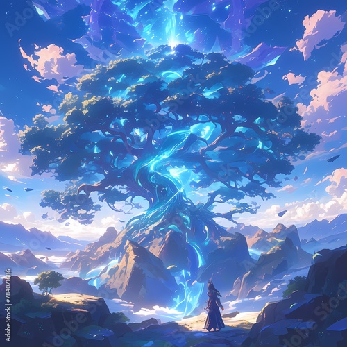 Mystical Cosmic Forest: Amidst a Majestic, Otherworldly Sky, a Glowing Enchanted Tree Exudes an Atmosphere of Mysticism and Magic.