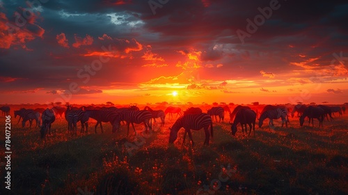   A herd of zebras grazes on a lush, green field beneath a red and orange sunset The sun lingers in the distance © Olga