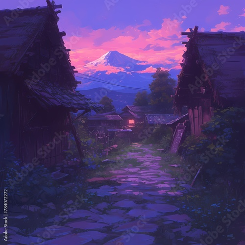 Charming, overgrown cobblestone path leading to quaint cottages under the warm glow of a sunset with majestic mountains in the background. © RobertGabriel