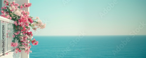 Serene Ocean View with Vibrant Flowers on Balcony Railing  Summer Concept