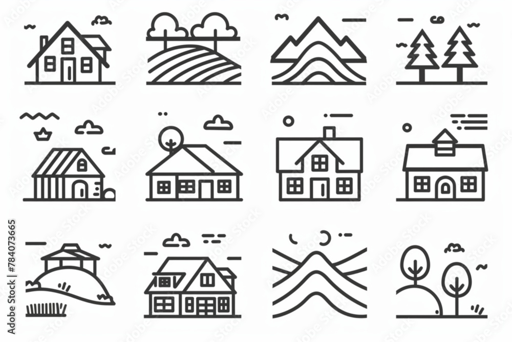 Line icons about countryside and landscape. Thin line icon set. Symbol collection in transparent background. Editable vector stroke. 512x512 Pixel Perfect. vector icon, white background, black colour 