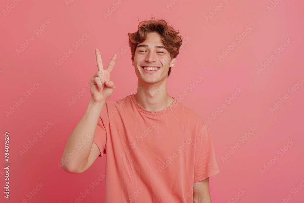 Naklejka premium Smiling young adult in a pink t-shirt displays the peace sign, standing against a complementary background