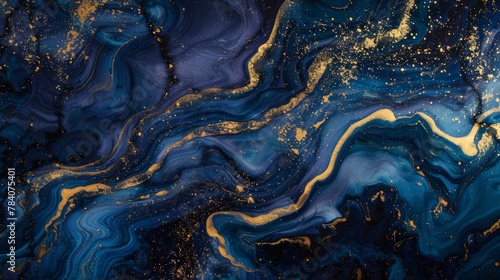 A mesmerizing artwork featuring vibrant abstract marbling in blue tones highlighted with gold accents