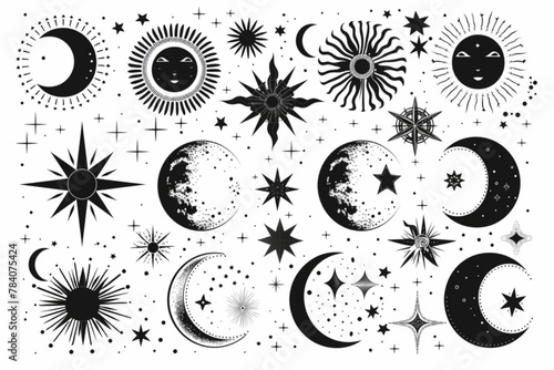 Magic moon set. Vector lunar collection with moons, stars, sunbursts. Graphic elements for astrology, esoteric, tarot, mystic and magic prints, posters, banners, pattern or backgrounds. vector icon, w photo