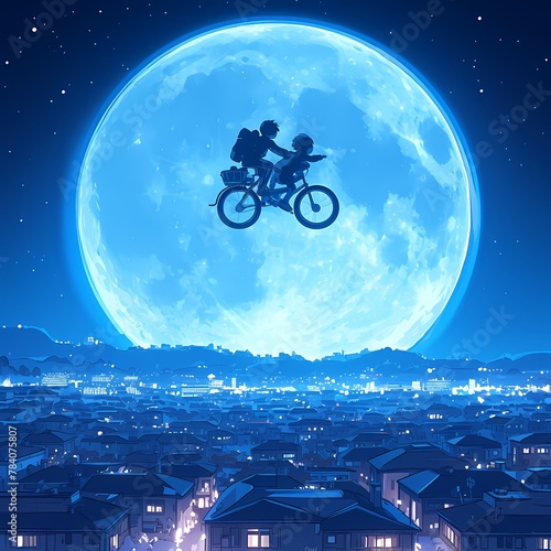 E.T. and Bicycle Friendship in Moonlit Illustration