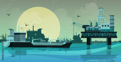 Oil production industry. Petroleum extraction, output and development. Mining operation. Modern oil rig in the sea and tanker. Moon night in the background. Realistic design. Vector illustration photo
