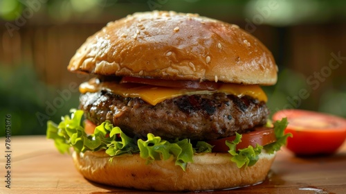 Double cheeseburger with all the trimmings, set against a wooden backdrop that accentuates the feel of a hearty, homemade meal