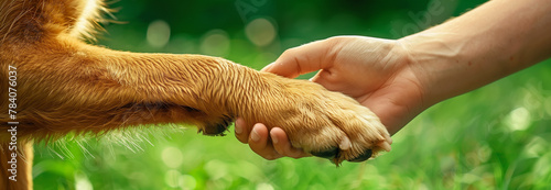 A human hand holding the paw of a dog