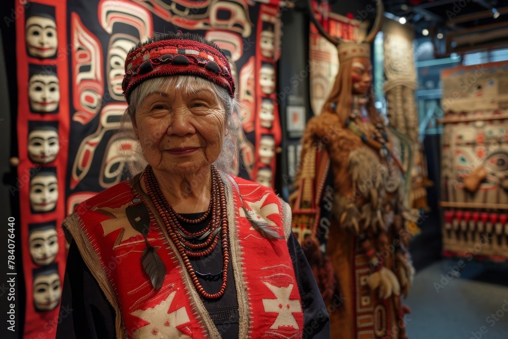 A warmly smiling elderly woman in traditional attire at an indoor cultural exhibit