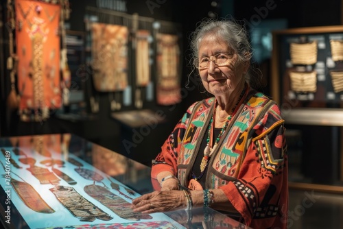 Elderly woman in traditional dress seated in a museum with cultural artifacts