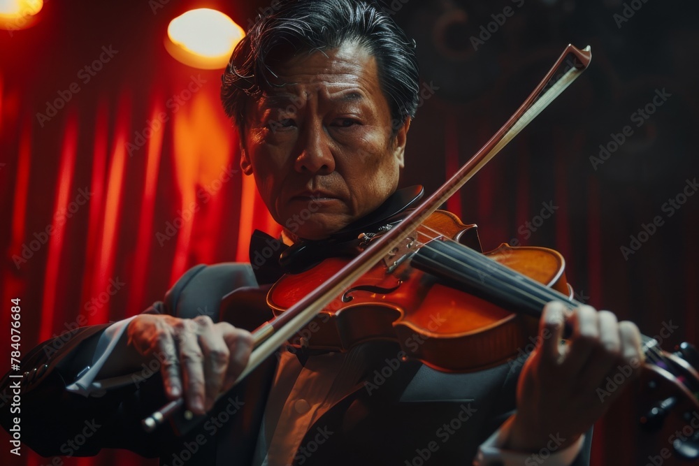 Fototapeta premium An elegant musician with a serious expression plays the violin, with intense atmospheric red stage background