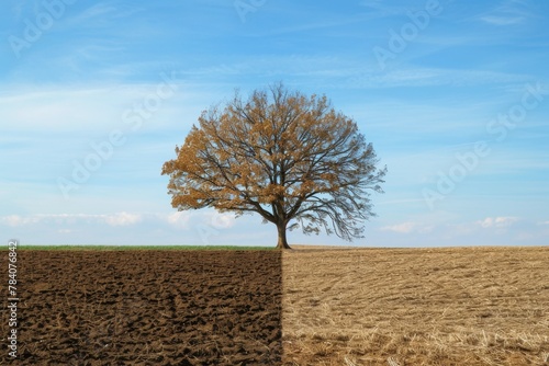 Tree in drought concept. Climate change and environmental problems. Background with selective focus