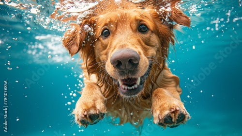 A dog is swimming in the water and has its mouth open. Summer heat concept, background