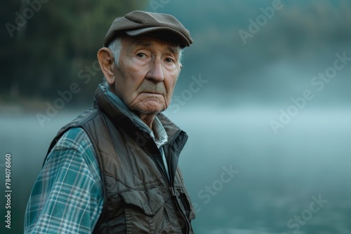 A senior man wearing a cap and a vest looks pensively at the camera with a foggy lake and forest in the background