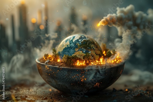 Small planet is inside bowl with smoke and fire surrounding it. Concept of disasters and cataclysms, war and apocalypse