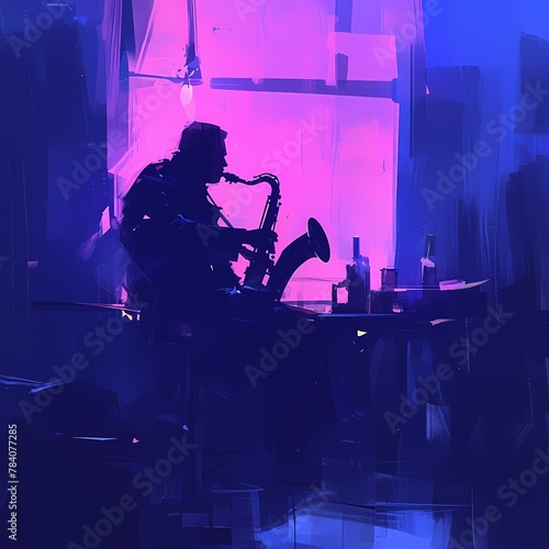 Vibrant Jazz Bar Ambiance with a Saxophone Player Silhouette