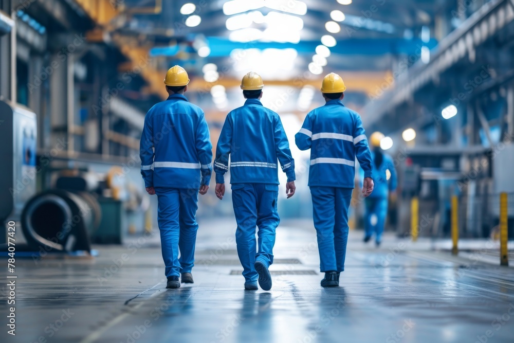 Workers in blue uniforms and hard hats are seen walking towards their workstation in an industrial setting