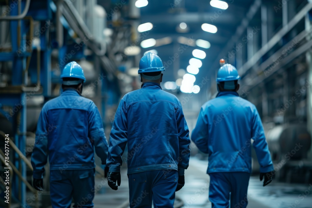 A team of professionals in blue workwear and safety helmets discuss operations in a manufacturing plant