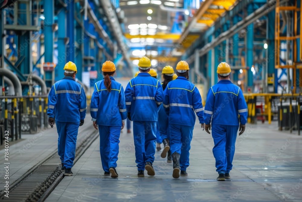 Group of workers in protective gear walking purposefully through a manufacturing plant with pipes and machinery