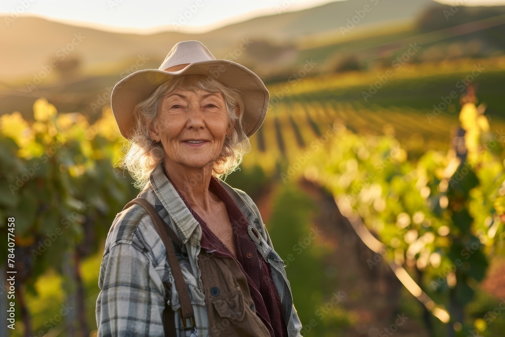 A cheerful elderly lady in a hat stands amidst a vineyard, embodying rural life and agriculture