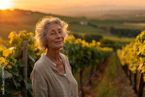 Warmly lit portrait of an elderly woman smiling in a vineyard during golden hour