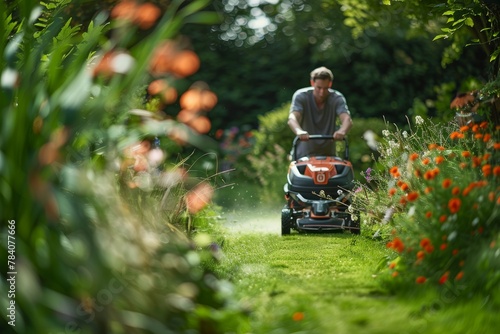 Action shot of a lawnmower in use in a picturesque garden, highlighting the blend of technology with natural beauty photo