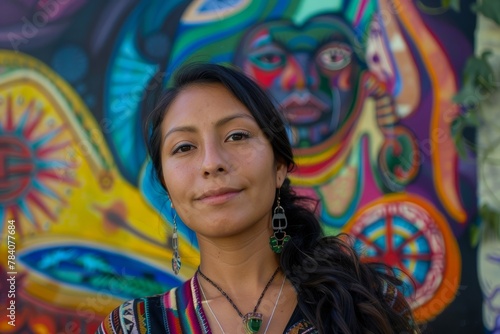 Confident young woman in traditional attire in front of a vibrant graffiti wall, representing urban and cultural identity © ChaoticMind