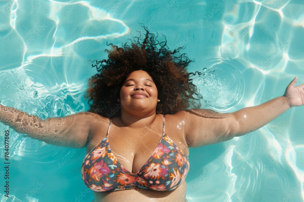 A woman with a large bust is floating in a pool