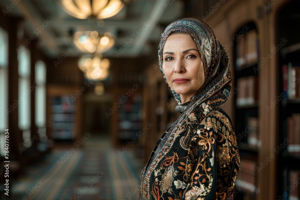A distinguished mature woman in traditional attire stands with poise in a classic library with a serene expression