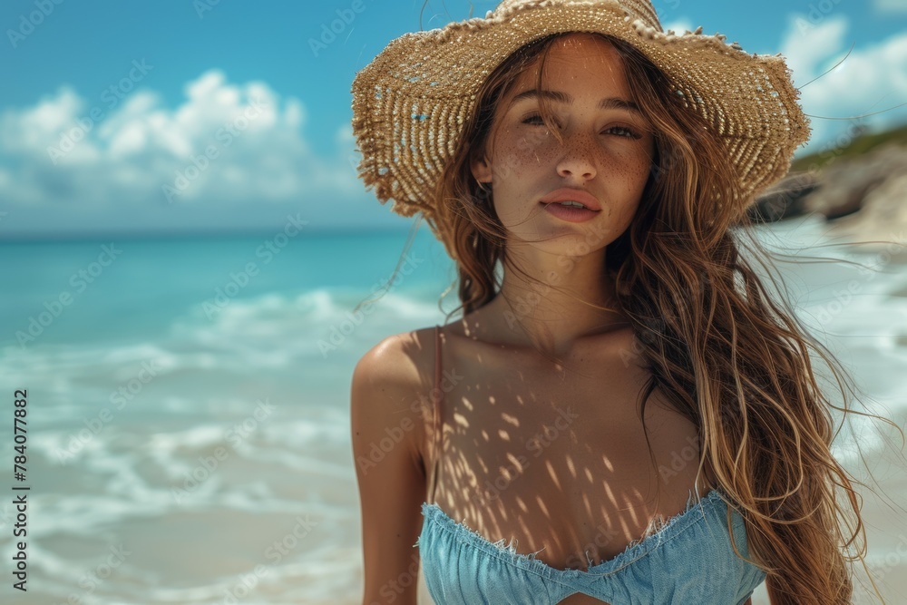 A woman wearing a straw hat and a blue dress is standing on a beach. Summer vacation concept, background