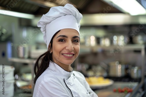 Smiling female chef in white uniform and chef's hat posing confidently in a busy restaurant kitchen