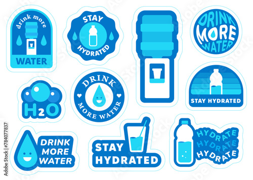 Water, hydrated stickers set. Drink more water concept. Vector flat illustartions,logo, badges, t-shirt design.