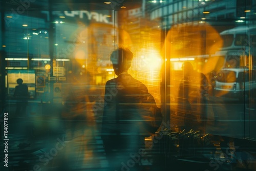 A blurry image of a man standing in front of a building with a yellow light shin. Business concept