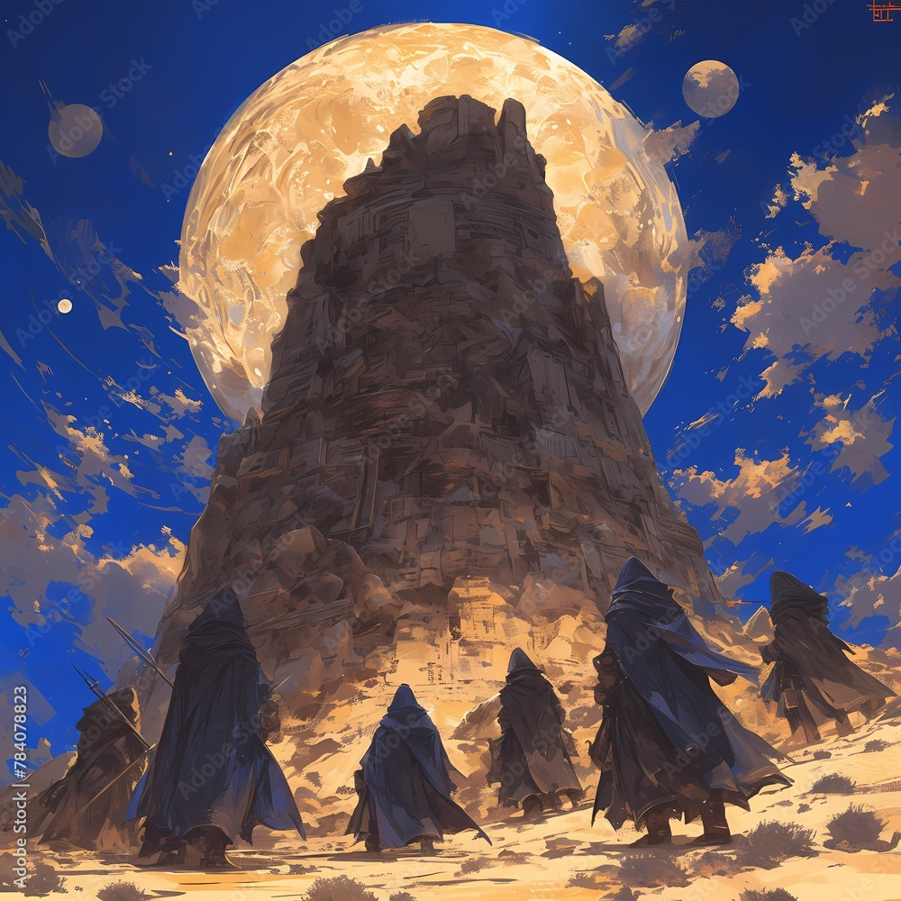 Immerse in the mystique of a desert ritual under a starlit night sky. A group of cloaked figures stand against an ancient temple backdrop, evoking a sense of mystery and intrigue.