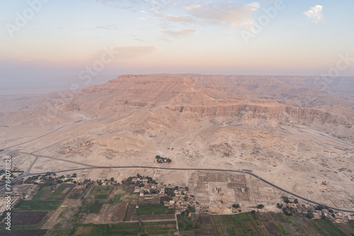 Luxor, Egypt - October 27, 2022. Aereal view of the Ramesseum temple in the valley of the Queens during the sunrise.