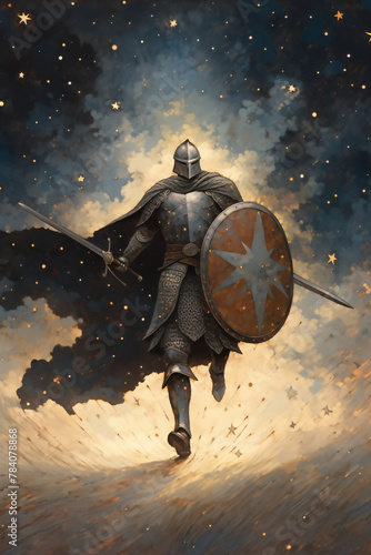 Knight in his full, imposing armor, running with determination.