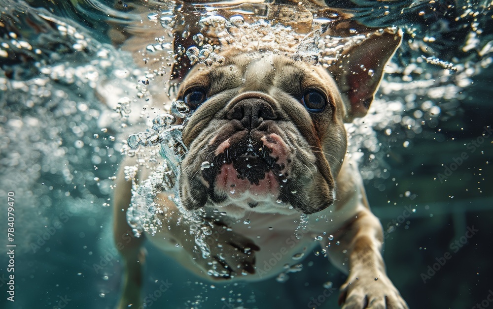 A dog is swimming in the water with its head above the surface. Summer heat concept, backdrop
