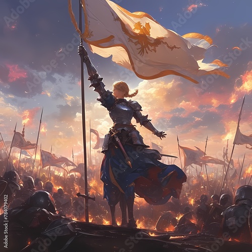 Empowering Scene: A Heroic Figure in Medieval Armor Leads Charge with Symbolic Banner on a Battlefield